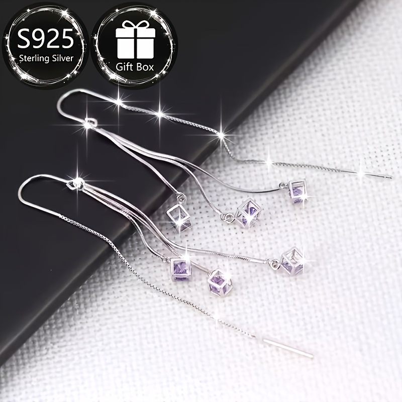 925 Silver Tassel Three Cube Drop Earrings for Women